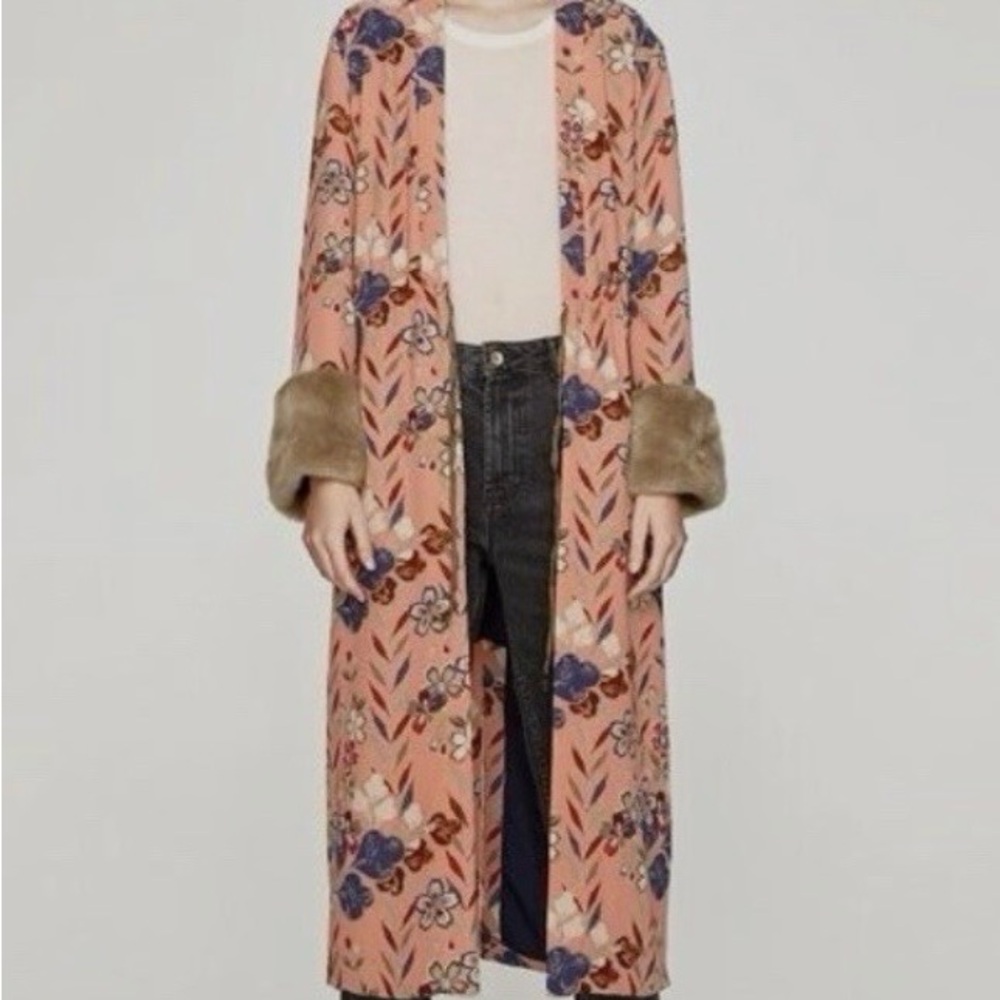 Zara Floral Peach Long Coat with Faux Fur Cuffs
